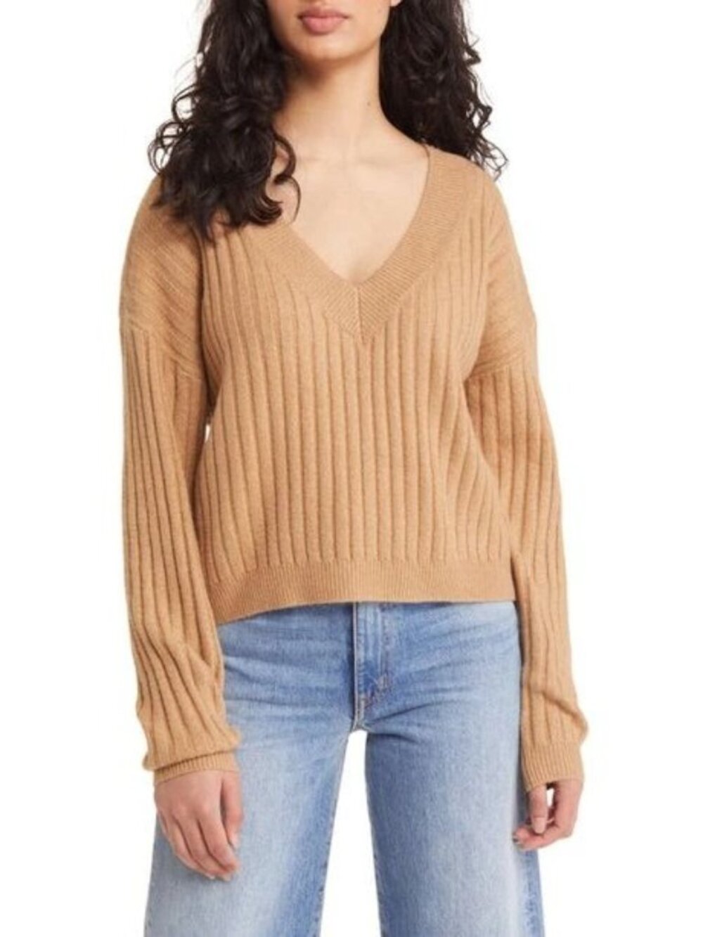 OPEN EDIT V-neck Rib Sweater In Tan Cartouche, Sz. XL